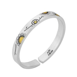 九乐足银999银手镯女拉丝太阳花平板手镯镶铜雏菊纯银镯子送女友