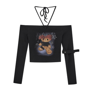 YUKAHOUSE 美式吊带长袖T恤一字肩辣妹风露肩上衣女灰黑色春夏款