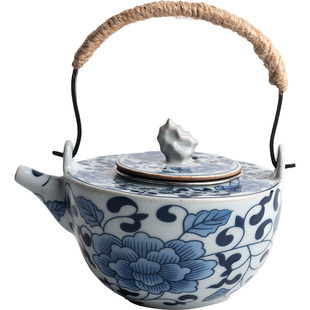 陶迷青花提梁壶家用陶瓷缠枝莲泡茶壶防烫绑绳窑变鎏金釉雕刻茶具