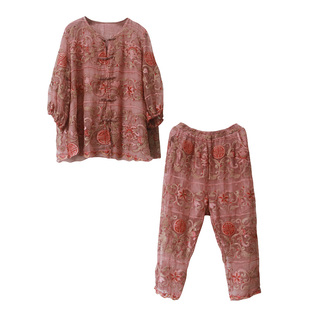 桑蚕丝套装女2026新款时尚妈妈洋气复古中国风盘扣真丝刺绣两件套