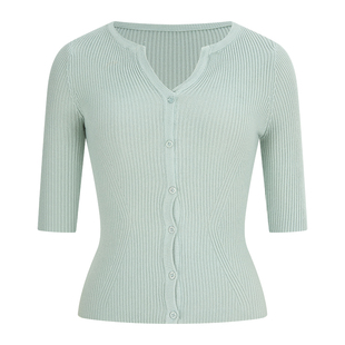 MosesQueen魔西女王薄荷绿色v领短袖针织开衫内搭打底衫半袖上衣