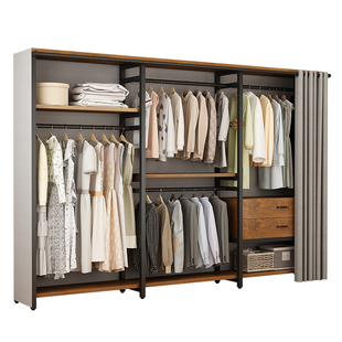 衣帽架落地组合衣柜卧室家用防尘挂衣架金属衣帽间架子置物架一体