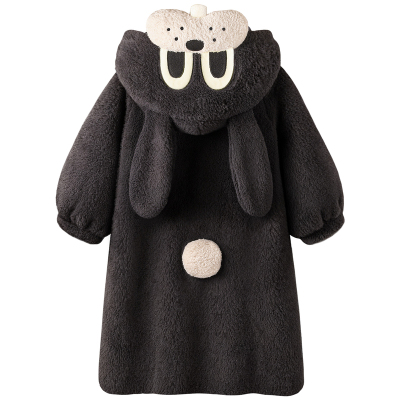 睡袍女款冬季加厚黑皮小兔睡衣