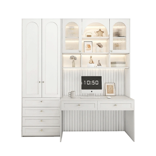 法式奶油风书桌书架一体桌实木书柜电脑桌组合家用台式写字办公桌