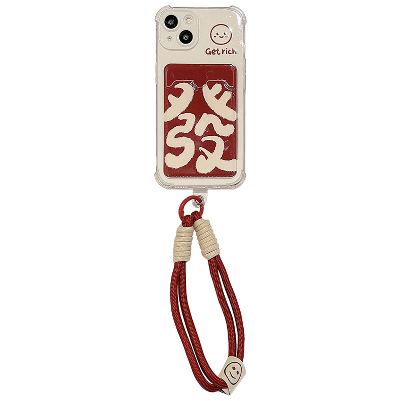 启乾 红色发财文字腕带iPhone16/15手机壳适用苹果14/13promax卡包卡套插卡12手提11链条挂绳喜庆新款女新年