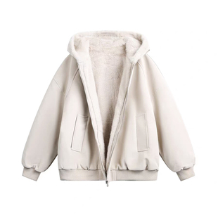 座山雕PU皮连帽毛领棉服女冬季美式高街加绒保暖棉衣棉袄加厚外套
