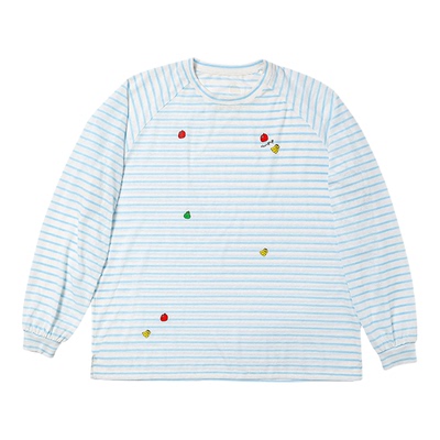 RICEUPUP“米果果们”雪花棉蓝色条纹插肩长袖t恤