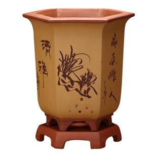 紫砂兰花盆专用盆大号六方手工刻绘蝴蝶兰君子兰蕙兰家用简约包邮