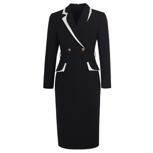 J-ME职业装黑白拼接长袖连衣裙女春季中长款高级感气质修身工装裙