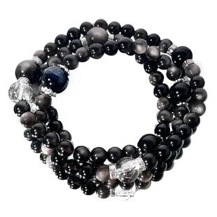 【黑祭司】新中式天然黑曜银曜石多圈手链本命年蓝虎眼纯银男女