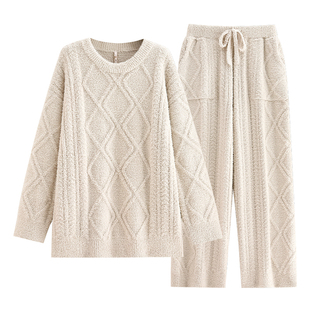 悦内半边绒睡衣女士冬季秋冬款珊瑚绒软绵绵家居服保暖白色可外穿