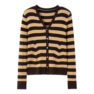 丝毛黑白撞色条纹针织衫2025新款开衫女V领开衫修身显瘦毛衣外套
