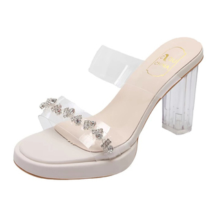 配裙子凉鞋女2025新款夏季外穿法式水钻粗跟水晶凉拖鞋透明高跟鞋