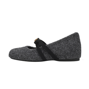 喵唔的天空灰色毛呢加绒单鞋女山茶花蝴蝶结玛丽珍鞋冬约会毛毛鞋