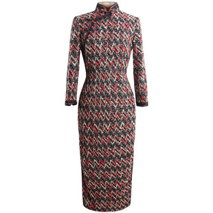 品尚华服暖桔人字纹新款时尚传统修身复古长袖混色羊毛中长款旗袍