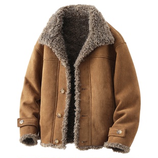皮毛一体男士冬季大码加绒加厚夹克短款机车服男装羊羔毛棉衣外套