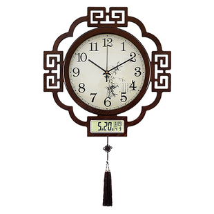 汉时客厅挂钟钟表中式木质挂表万年历壁挂德国机芯静音时钟HW8594