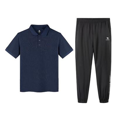 骆驼运动套装女夏季翻领polo衫T恤速干短袖长裤跑步休闲套装男