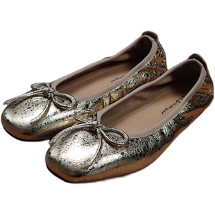 手工羊皮芭蕾舞软底休闲奶奶鞋金色浅口舒适方头蝴蝶结平底单鞋女
