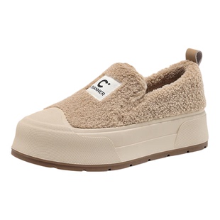 千百度加绒外穿棉鞋女冬季2025新款百搭厚底羊羔毛一脚蹬豆豆鞋女