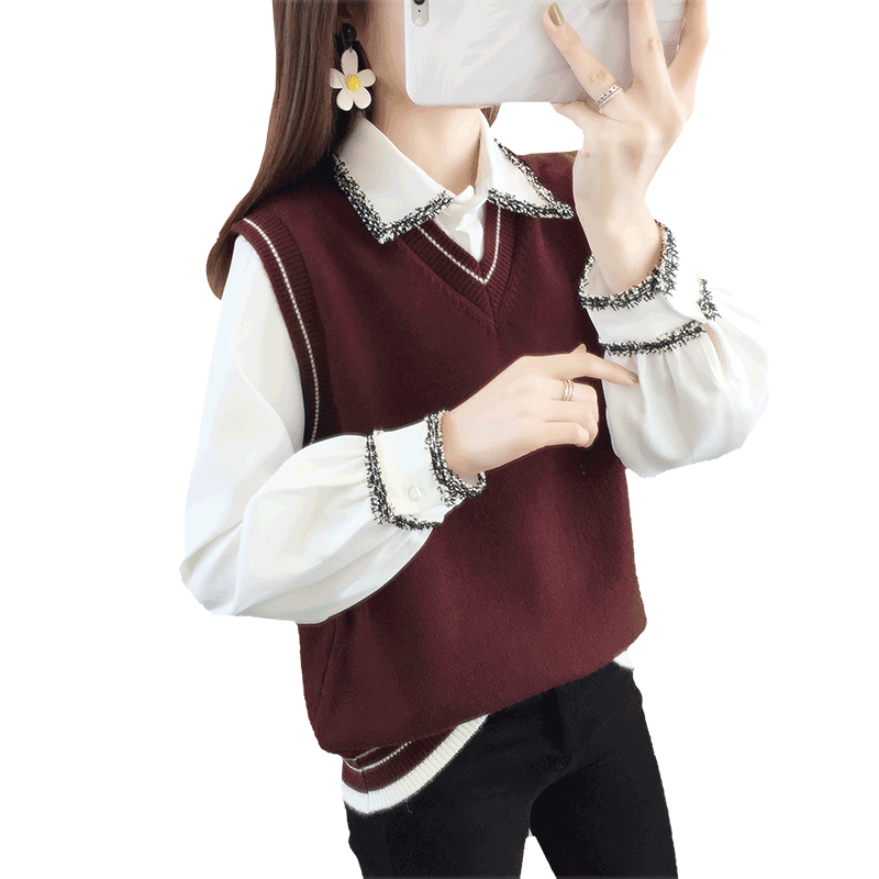 2025春秋装新款复古V领针织马甲女短款宽松外穿背心韩版无袖上衣
