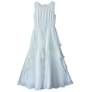 【清风白茶】文艺白色背心裙女夏季修身仙气裙摆拼片长裙上衣套装