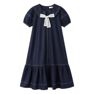 女童薄款牛仔裙子夏季娃娃领复古长裙2026新款儿童连衣裙