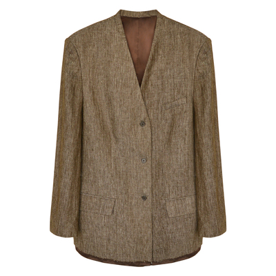 因由 极简高级感西服博主静奢感气质R0W亚麻上衣无领西装外套女