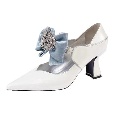 A.b.poetique时装鞋 蝴蝶结高跟鞋丝绒玛丽珍蓝酒杯跟高跟女鞋新