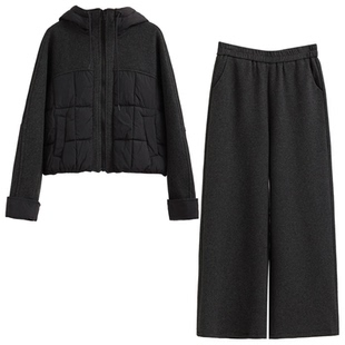 绝美冬装韩系套装女2026新款巨好看黑色加绒运动休闲风棉服两件套