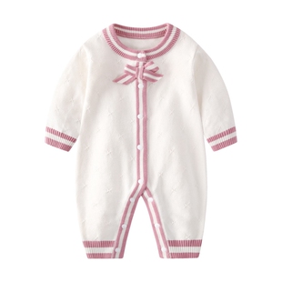 婴儿衣服春秋女宝宝连体衣小月龄春装洋气针织满月毛衣包屁衣外套