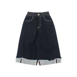 大耳象女童翻边牛仔裤冬季新款宝儿磨毛绒阔腿百搭保暖加厚长裤子