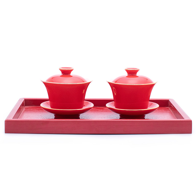 纯红色盖碗陶瓷茶具结婚大红对杯