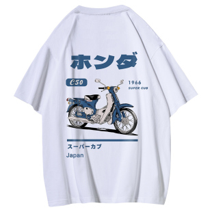 日系卡通动漫电动车印花纯棉短袖T恤男女款复古夏季宽松情侣体恤