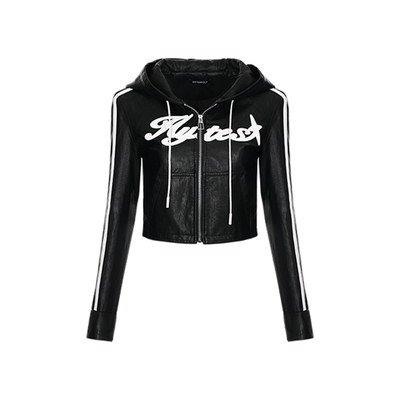 HYTEMOLY抽绳连帽休闲机车皮衣