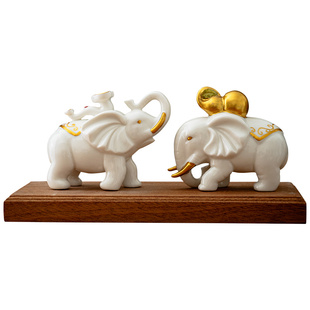 新中式陶瓷招财大象摆件一对书桌工位办公室桌面情侣对象创意礼物