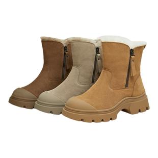 百思图冬商场新款真皮加绒加厚雪地靴厚底棉鞋女短靴L5728DD4