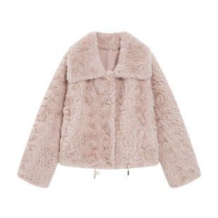 KBNE粉色仿羊羔毛环保皮草女装2025冬季新款皮毛一体抽绳毛毛外套