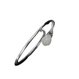 原创S925纯银古风和田玉白玉玉兰花古风小清新凤凰女开口手镯手环