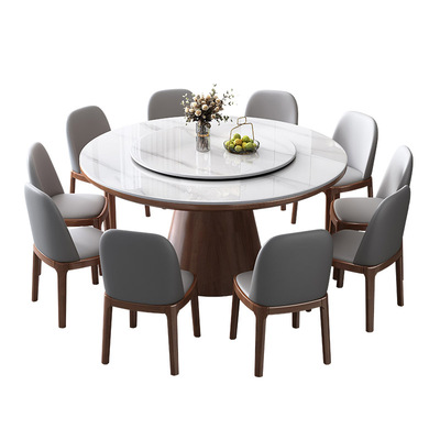 轻奢岩板餐桌椅现代简约2025新款家用实木圆形带转盘吃饭桌大圆桌