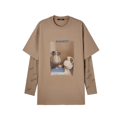 U/TI琥珀流光风纯棉拼接T恤女 莫兰迪假两件短袖尤缇2025春季新款