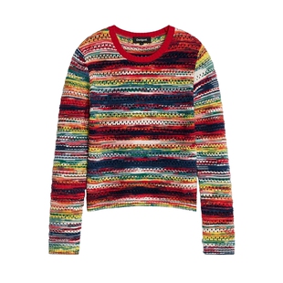 Desigual26秋冬新品彩虹条纹镂空针织短上衣复古圆领女式针织衫