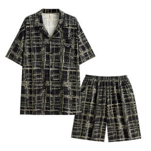 家乐芬睡衣男士夏季夏款莫代尔棉短袖短裤家居服男款格子冰丝凉感
