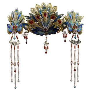 新款中式新娘头饰凤冠明制汉服秀禾结婚发冠配饰原创高端奢华蓝色