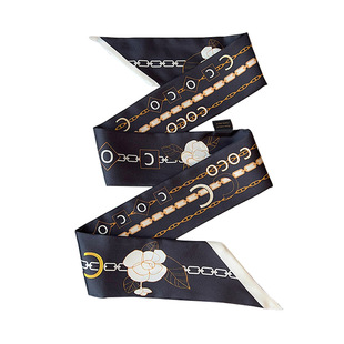 小香风100桑蚕丝飘带丝巾黑白山茶花法式发带改造绑包包手柄双面