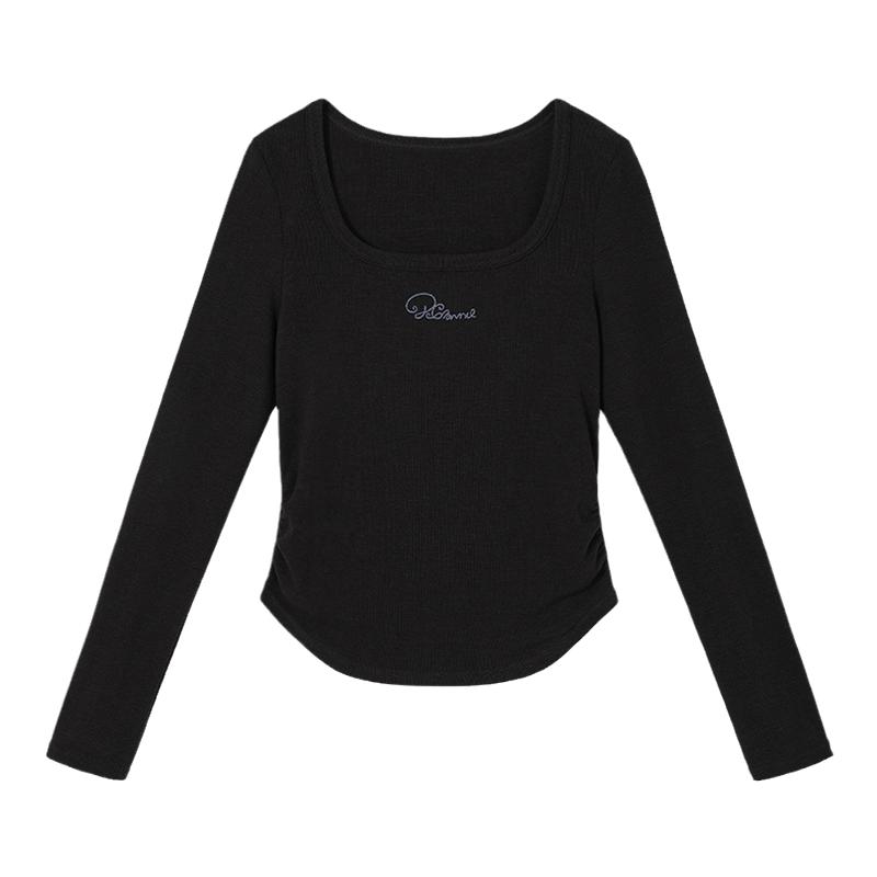 PSO Brand女装发热保暖磨毛针织刺绣方领长袖T恤打底修身上衣内搭