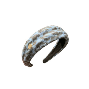 韩国蓝色豹纹毛绒宽边发箍女秋冬高颅顶百搭发卡洗脸头箍气质头饰