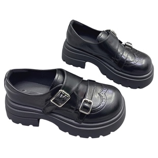 真皮女鞋增高6CM英伦风雕花小皮鞋2026春新款双皮带扣乐福鞋单鞋