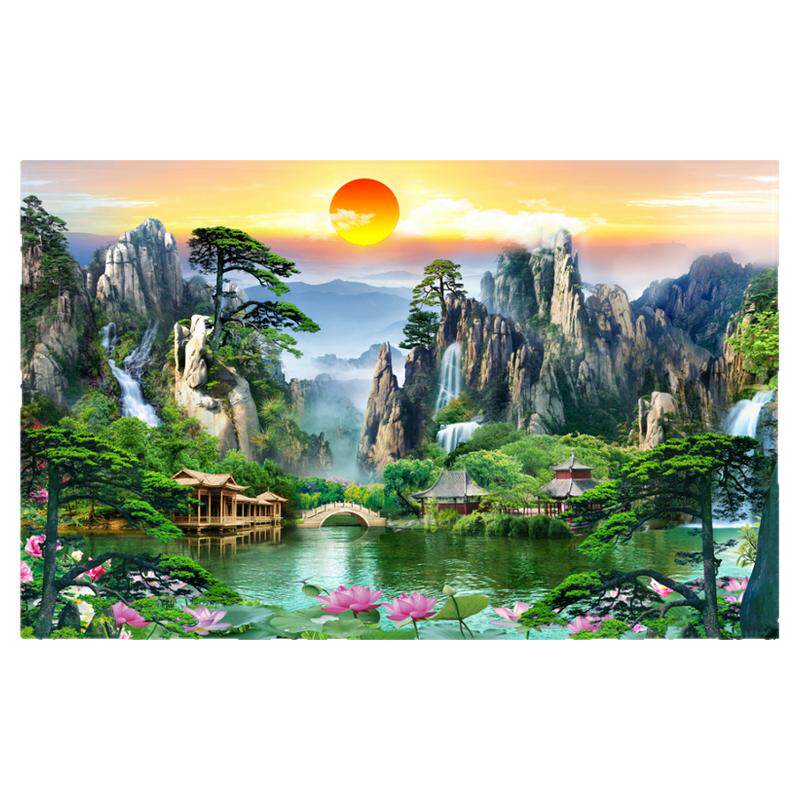 客厅山水画墙贴刷胶风景贴画墙布靠山办公室背景壁画【防水可擦】