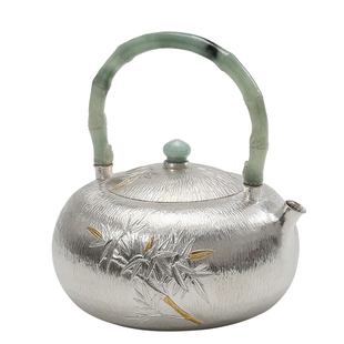 足银999纯手工一张打银壶中式复古翡翠提梁煮茶壶功夫茶具 青竹